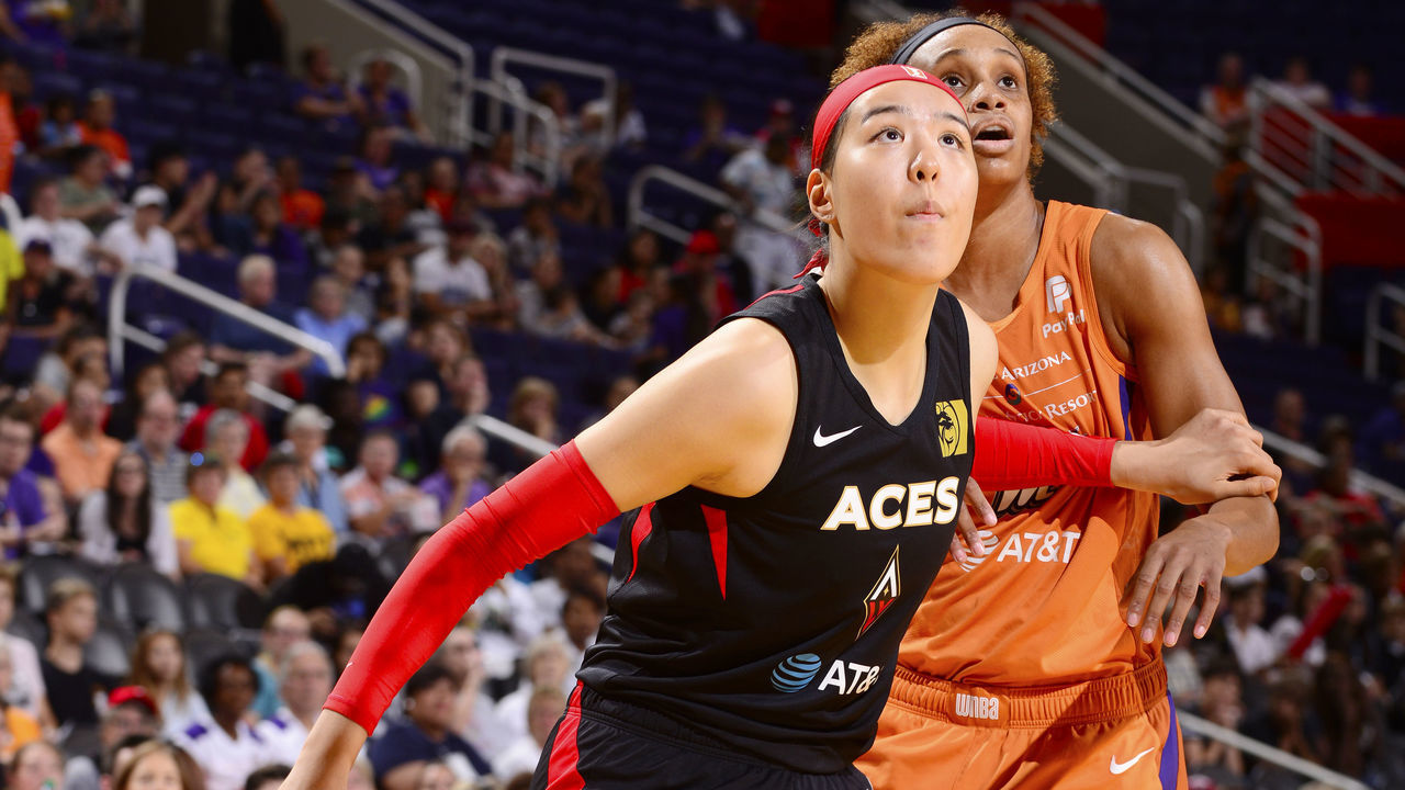 PHOENIX, AZ- SEPTEMBER 8: Ji-Su Park #19 of the Las Vegas Aces plays defense during the game against the Phoenix Mercury on September 8, 2019 at the Talking Stick Resort Arena, in Phoenix, Arizona. Mandatory Copyright Notice: Copyright 2019 NBAE