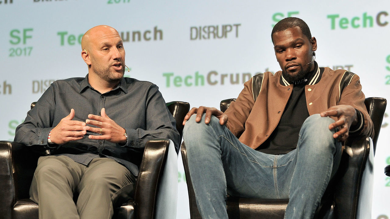 SAN FRANCISCO, CA - SEPTEMBER 19: Durant Company/Thirty Five Media Partner Rich Kleiman (L) and NBA Player and Durant Company/Thirty Five Media Partner Kevin Durant speak onstage during TechCrunch Disrupt SF 2017 at Pier 48 on September 19, 2017 in San Francisco, California.