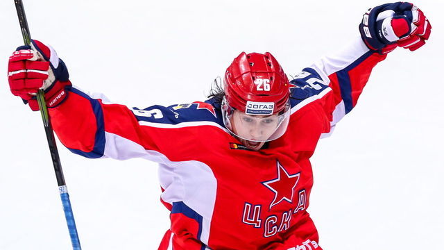 MOSCOW, RUSSIA - JANUARY 31, 2019: CSKA Moscow's Alexander Romanov celebrates after scoring in the 2018/19 KHL Regular Season ice hockey match between CSKA Moscow and Ak Bars Kazan at CSKA Arena. Sergei Savostyanov/TASS