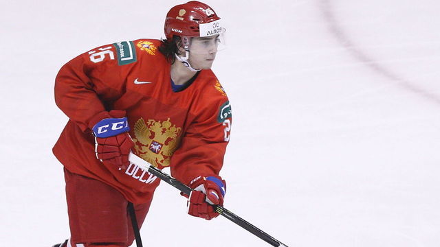 VANCOUVER , BC - JANUARY 4: Alexander Romanov #26 of Russia skates against the United States during a semi-final game at the IIHF World Junior Championships at Rogers Arena on January 4, 2019 in Vancouver, British Columbia, Canada.