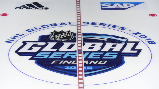 HELSINKI, FINLAND - OCTOBER 31: A general view of the center ice logo before practice in preparation for the 2018 NHL Global Series games between the Florida Panthers and Winnipeg Jets at Hartwall Arena on October 31, 2018 in Helsinki, Finland.