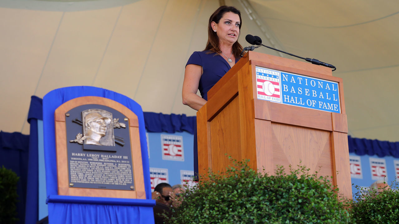 COOPERSTOWN, NY - JULY 21: Brandy Halladay, wife of inductee Roy Halladay, speaks during the 2019 Hall of Fame Induction Ceremony at the National Baseball Hall of Fame on Sunday July 21, 2019 in Cooperstown, New York.