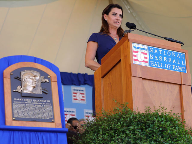 COOPERSTOWN, NY - JULY 21: Brandy Halladay, wife of inductee Roy Halladay, speaks during the 2019 Hall of Fame Induction Ceremony at the National Baseball Hall of Fame on Sunday July 21, 2019 in Cooperstown, New York.