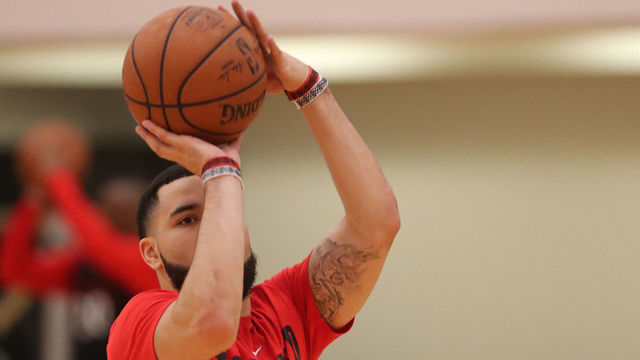 TORONTO, ON- MAY 14 - Toronto Raptors guard Fred VanVleet (23) throws as the Toronto Raptors practice ahead to Eastern Conference final against Bucks at the OVO Athletic Centre in Toronto. May 14, 2019. (Steve Russell/Toronto Star via Getty Images)
