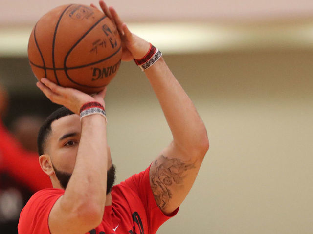 TORONTO, ON- MAY 14 - Toronto Raptors guard Fred VanVleet (23) throws as the Toronto Raptors practice ahead to Eastern Conference final against Bucks at the OVO Athletic Centre in Toronto. May 14, 2019. (Steve Russell/Toronto Star via Getty Images)