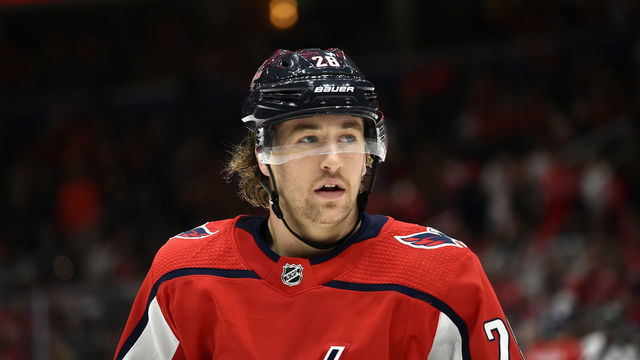 WASHINGTON, DC - NOVEMBER 15: Capitals left wing Brendan Leipsic (28) waits for a face-off during the Montreal Canadiens vs. Washington Capitals game November 15, 2019 at Capital One Arena in Washington, D.C..