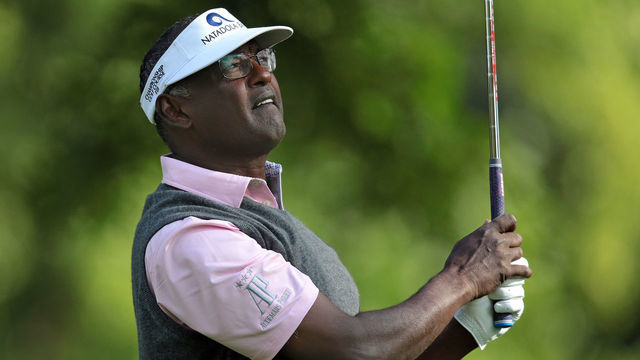 Vijay Singh of Fiji Islands tees off on the 11th tee during the second round of The Ally Challenge presented by McLaren at Warwick Hills Golf & Country Club, Grand Blanc, MI, USA Saturday, September 14, 2019.