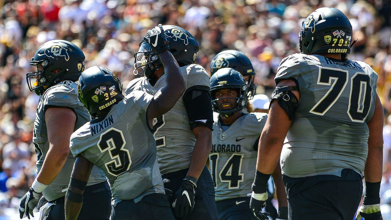 BOULDER, CO - SEPTEMBER 14: Wide receiver Laviska Shenault Jr. #2 of the Colorado Buffaloes celebrates with wide receiver K.D. Nixon #3 after a fourth quarter touchdown against the Air Force Falcons at Folsom Field on September 14, 2019 in Boulder, Colorado.