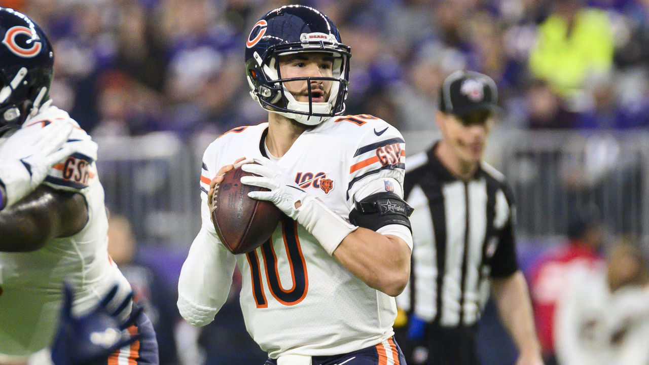 MINNEAPOLIS, MN - DECEMBER 29: Mitchell Trubisky #10 of the Chicago Bears looks to pass the ball in the first quarter of the game against the Minnesota Vikings at U.S. Bank Stadium on December 29, 2019 in Minneapolis, Minnesota.