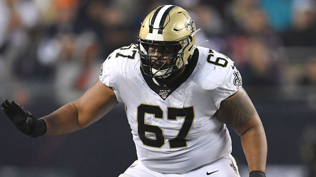 CHICAGO, IL - OCTOBER 20: New Orleans Saints offensive guard Larry Warford (67) in game action during a game between the Chicago Bears and the New Orleans Saints on October 20, 2019 at Soldier Field in Chicago, IL.
