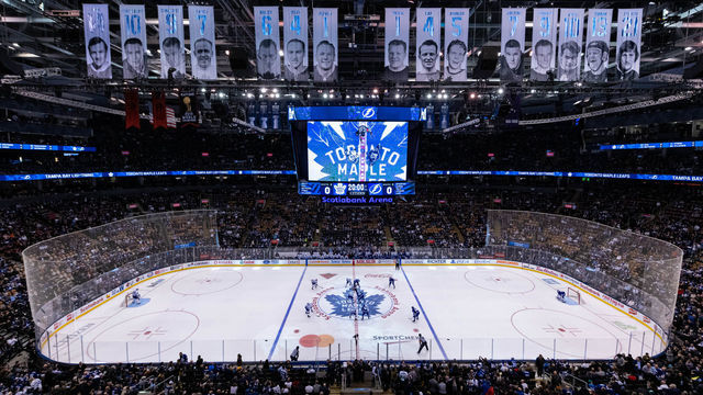 TORONTO, ON - MARCH 10: General view of Scotiabank Arena as Tampa Bay Lightning Center Brayden Point (21) and Toronto Maple Leafs Center Auston Matthews (34) get ready for the opening face-off before the NHL regular season game between the Tampa Bay Lightning and the Toronto Maple Leafs on March 10, 2020, at Scotiabank Arena in Toronto, ON, Canada.