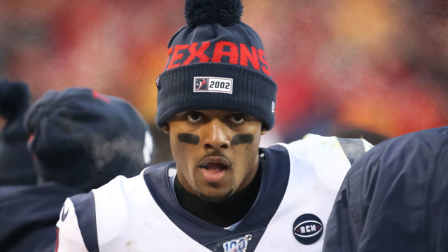 KANSAS CITY, MO - JANUARY 12: Houston Texans quarterback Deshaun Watson (4) on the sidelines in the third quarter of an NFL Divisional round playoff game between the Houston Texans and Kansas City Chiefs on January 12, 2020 at Arrowhead Stadium in Kansas City, MO.