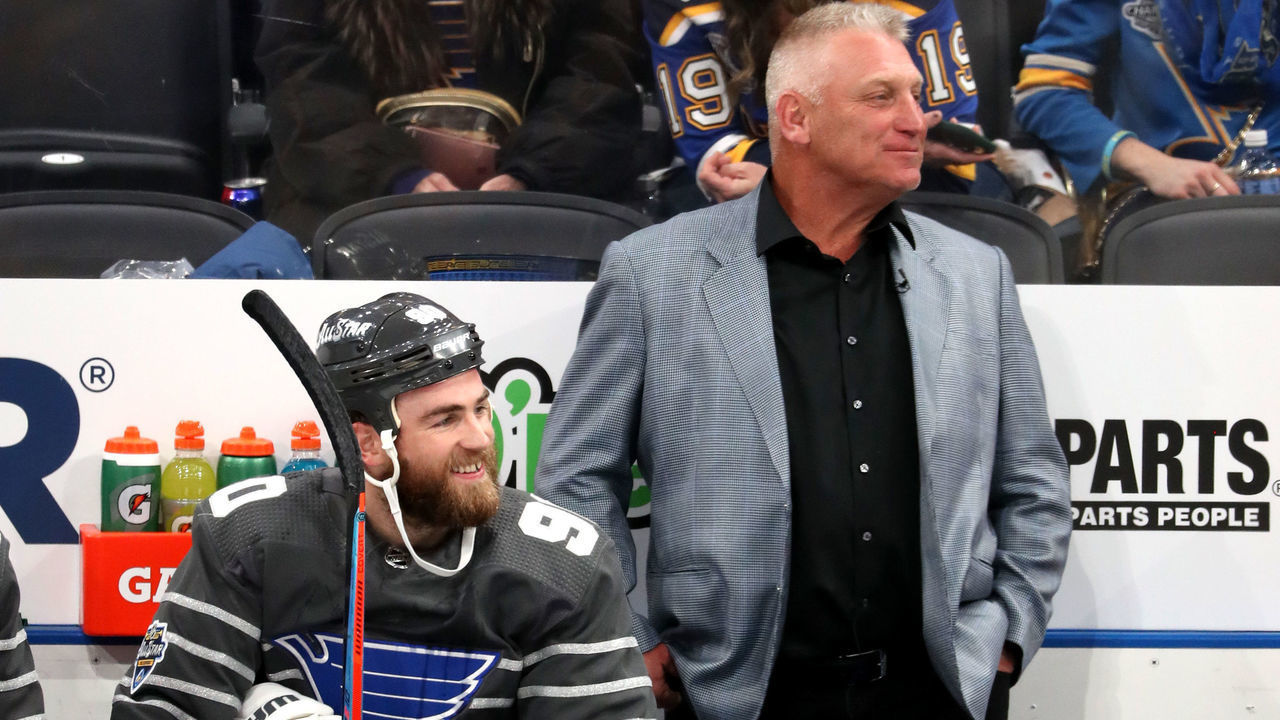 ST LOUIS, MISSOURI - JANUARY 25: All-Star coach Brett Hull and Ryan O'Reilly #90 of the St. Louis Blues look on from the bench area during the 2020 NHL All-Star Game at the Enterprise Center on January 25, 2020 in St Louis, Missouri.