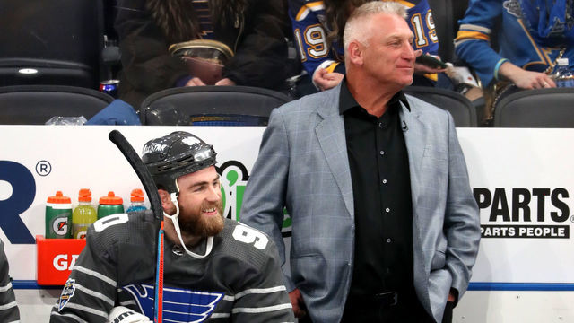 ST LOUIS, MISSOURI - JANUARY 25: All-Star coach Brett Hull and Ryan O'Reilly #90 of the St. Louis Blues look on from the bench area during the 2020 NHL All-Star Game at the Enterprise Center on January 25, 2020 in St Louis, Missouri.