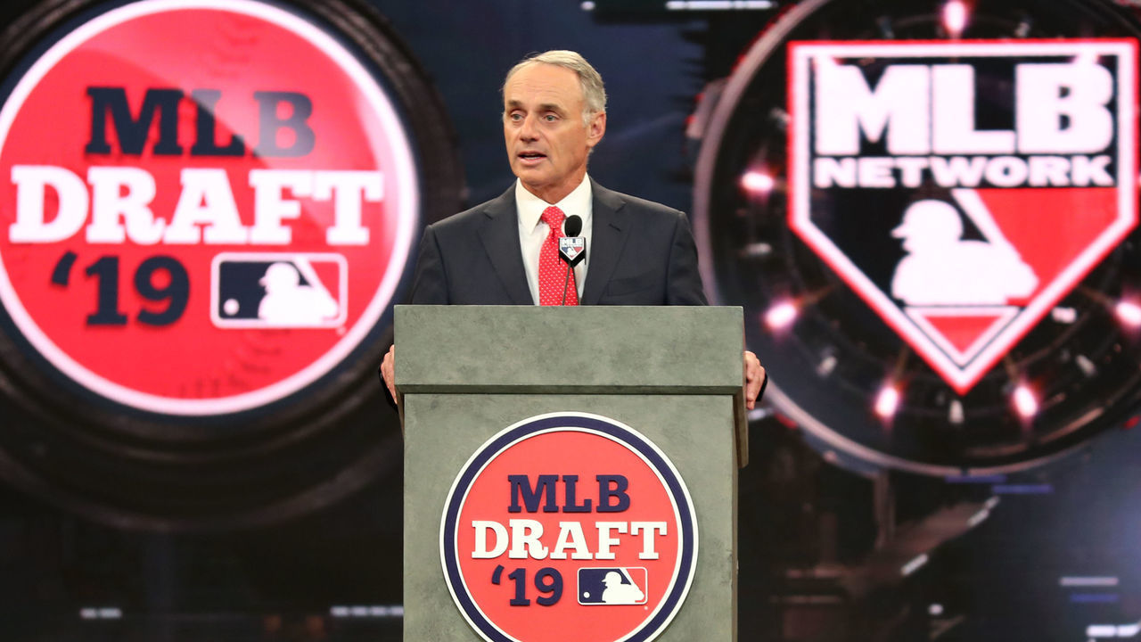SECAUCUS, NJ - JUNE 03: Major League Baseball Commissioner Robert D. Manfred Jr. addresses the draft floor during the 2019 Major League Baseball Draft at Studio 42 at the MLB Network on Monday, June 3, 2019 in Secaucus, New Jersey.