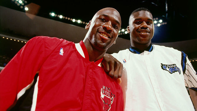 ORLANDO, FL - 1993: Shaquille O'Neal #32 of the Orlando Magic poses with Michael Jordan #23 of the Chicago Bulls prior to playing an NBA game circ 1993 at the TD WAterhouse Centre in Orlando, Florida. NOTE TO USER: User expressly acknowledges and agrees that, by downloading and/or using this Photograph, user is consenting to the terms and conditions of the Getty Images License Agreement. Mandatory Copyright Notice: Copyright 1993 NBAE