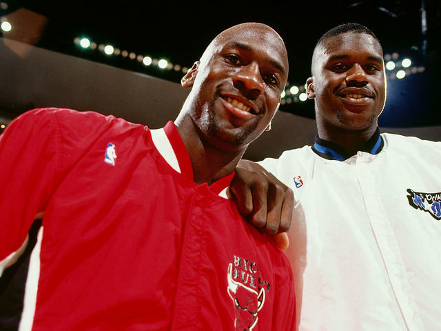 ORLANDO, FL - 1993: Shaquille O'Neal #32 of the Orlando Magic poses with Michael Jordan #23 of the Chicago Bulls prior to playing an NBA game circ 1993 at the TD WAterhouse Centre in Orlando, Florida. NOTE TO USER: User expressly acknowledges and agrees that, by downloading and/or using this Photograph, user is consenting to the terms and conditions of the Getty Images License Agreement. Mandatory Copyright Notice: Copyright 1993 NBAE