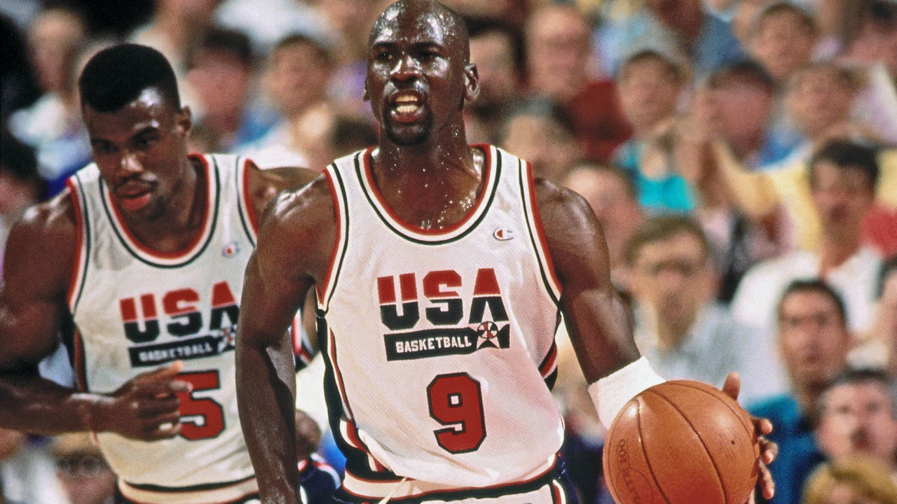 PORTLAND, OR - CIRCA 1992: Michael Jordan #9 of the United States Senior Men's team dribbles during the 1992 Basketball Tournament of Americas at the Veterans Memorial Coliseum circa 1992 in Portland, Oregon. Mandatory Copyright Notice: Copyright 1992 NBAE