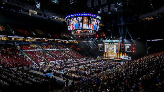 VANCOUVER, BC - JUNE 22: A general view of the draft floor prior to the Anaheim Ducks pick during the second round of the 2019 NHL Draft at Rogers Arena on June 22, 2019 in Vancouver, British Columbia, Canada.