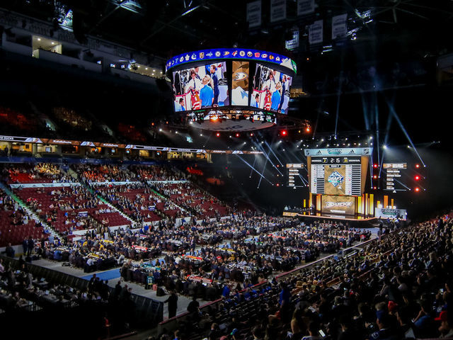 VANCOUVER, BC - JUNE 22: A general view of the draft floor prior to the Anaheim Ducks pick during the second round of the 2019 NHL Draft at Rogers Arena on June 22, 2019 in Vancouver, British Columbia, Canada.
