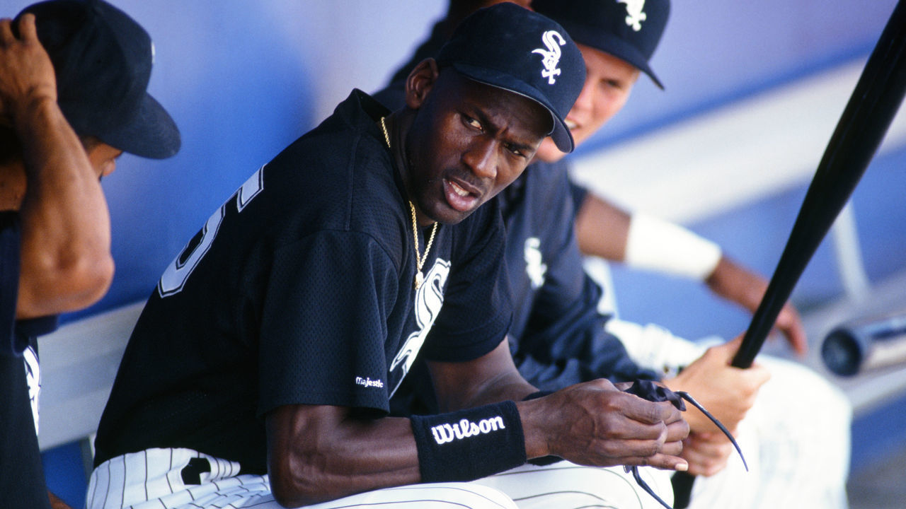 SARASOTA, FL - 1994 - Michael Jordan #45 of the Chicago White Sox looks on from the dugout during a spring training game at Ed Smith Stadium in 1994 in Sarasota, Florida.