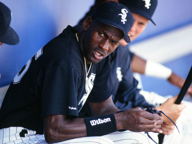 SARASOTA, FL - 1994 - Michael Jordan #45 of the Chicago White Sox looks on from the dugout during a spring training game at Ed Smith Stadium in 1994 in Sarasota, Florida.