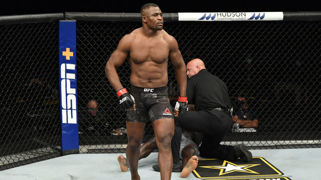 JACKSONVILLE, FLORIDA - MAY 09: Francis Ngannou of Cameroon celebrates after his knockout victory over Jairzinho Rozenstruik of Suriname in their heavyweight fight during the UFC 249 event at VyStar Veterans Memorial Arena on May 09, 2020 in Jacksonville, Florida.