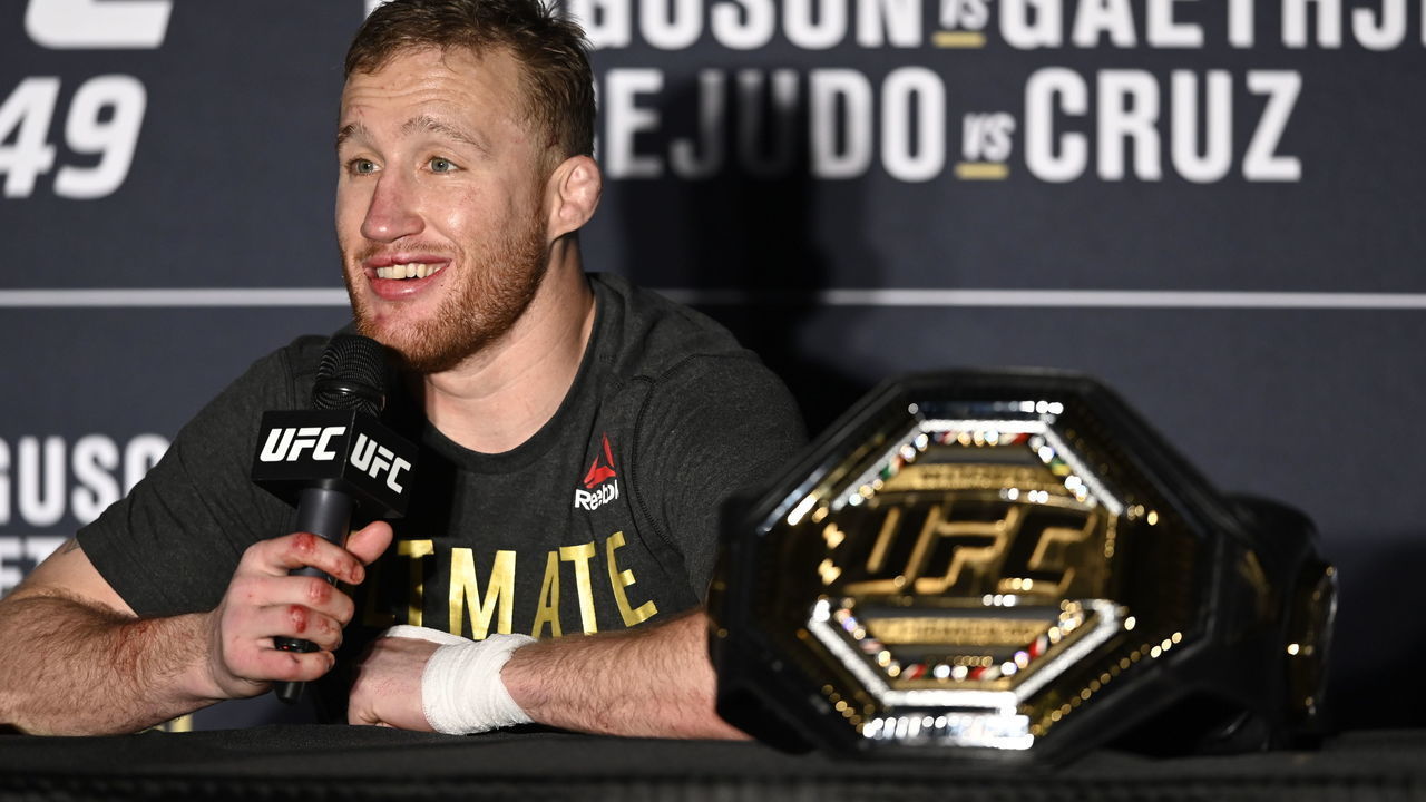 JACKSONVILLE, FLORIDA - MAY 09: Justin Gaethje of the United States speaks to the media after his Interim lightweight title fight against Tony Ferguson of the United States during UFC 249 at VyStar Veterans Memorial Arena on May 09, 2020 in Jacksonville, Florida.