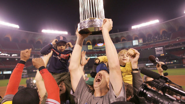 Mike Timlin celebrates after Game #4 of the 2004 World Series between the St. Louis Cardinals and the Boston Red Sox at Bush Stadium on October 27, 2004. The Red Sox defeated the Cardinals by a score of 3-0 to win the series 4-0.