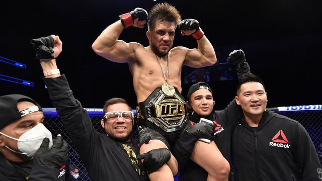 JACKSONVILLE, FLORIDA - MAY 09: Henry Cejudo celebrates after his victory over Dominick Cruz in their UFC bantamweight championship fight during the UFC 249 event at VyStar Veterans Memorial Arena on May 09, 2020 in Jacksonville, Florida.