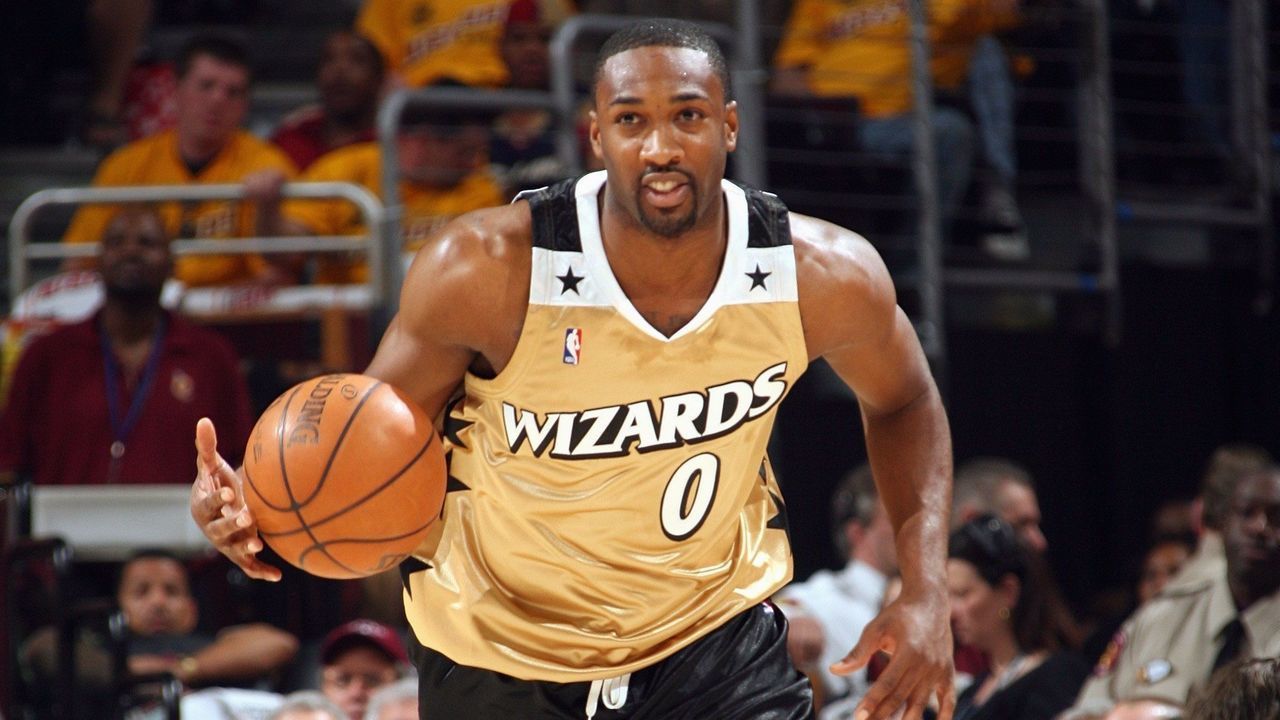 CLEVELAND - APRIL 19: Gilbert Arenas #0 of the Washington Wizards moves the ball up court in Game One of the Eastern Conference Quaterfinals against the Cleveland Cavaliers during the 2008 NBA Playoffs on April 19, 2008 at the Quicken Loans Arena in Cleveland, Ohio. The Cavs won 93-86. NOTE TO USER: User expressly acknowledges and agrees that, by downloading and/or using this photograph, user is consenting to the terms and conditions of the Getty Images License Agreement. Mandatory Copyright Notice: Copyright 2008 NBAE