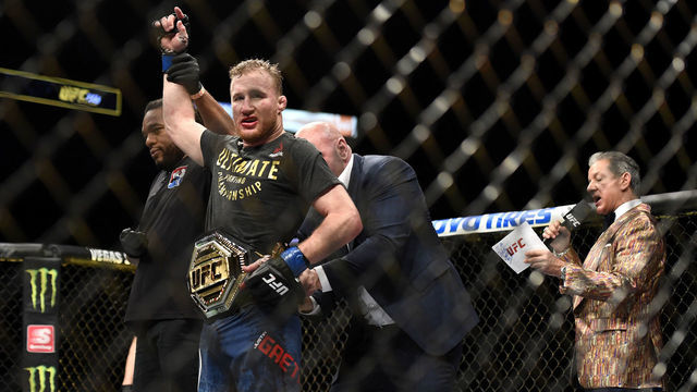 JACKSONVILLE, FLORIDA - MAY 09: Justin Gaethje of the United States celebrates after defeating Tony Ferguson of the United States in their Interim lightweight title fight during UFC 249 at VyStar Veterans Memorial Arena on May 09, 2020 in Jacksonville, Florida.