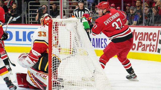 RALEIGH, NC - OCTOBER 29: Carolina Hurricanes Left Wing Andrei Svechnikov (37) scores a lacrosse style goal during a game between the Calgary Flames and the Carolina Hurricanes at the PNC Arena in Raleigh, NC on October 29, 2019.