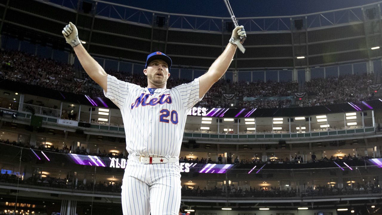 CLEVELAND, OH - JULY 08: Pete Alonso #20 of the New York Mets celebrates after advancing to the final round of the T-Mobile Home Run Derby at Progressive Field on Monday, July 8, 2019 in Cleveland, Ohio.