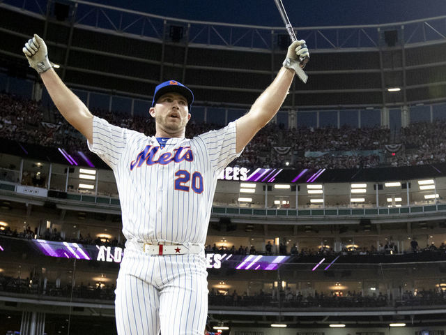 CLEVELAND, OH - JULY 08: Pete Alonso #20 of the New York Mets celebrates after advancing to the final round of the T-Mobile Home Run Derby at Progressive Field on Monday, July 8, 2019 in Cleveland, Ohio.