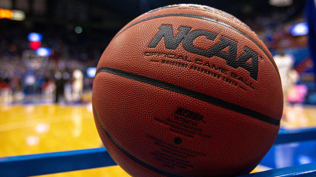 LAWRENCE, KS - NOVEMBER 16: NCAA basketball sits on the rack prior to the college basketball game between the Kansas Jayhawks and the Louisiana Lafayette Ragin Cajuns on November 16, 2018 at Allen Fieldhouse in Lawrence, Kansas.