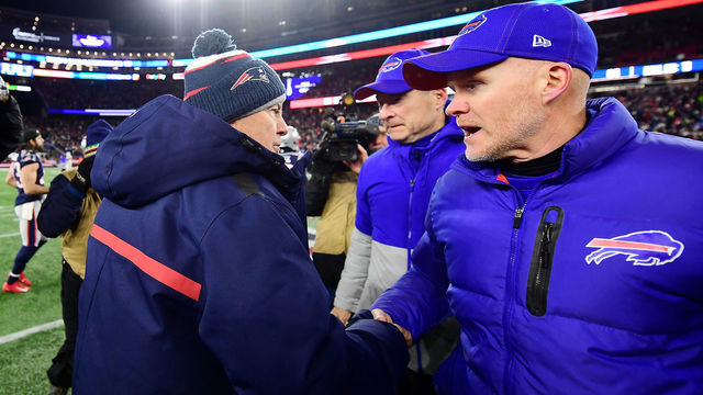 FOXBOROUGH, MASSACHUSETTS - DECEMBER 21: Head coach Bill Belichick of the New England Patriots shakes hands with head coach Sean McDermott of the Buffalo Bills after the Patriots defeated the Bills 24-17 in the game at Gillette Stadium on December 21, 2019 in Foxborough, Massachusetts.