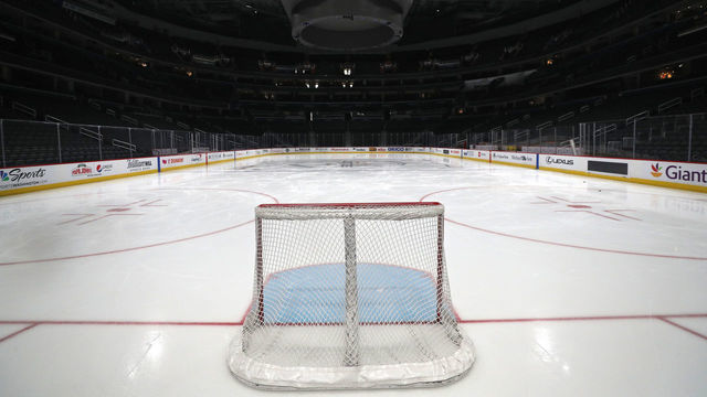 WASHINGTON, DC - MARCH 12: A goal sits on the empty ice prior to the Detroit Red Wings playing against the Washington Capitals at Capital One Arena on March 12, 2020 in Washington, DC. Yesterday, the NBA suspended their season until further notice after a Utah Jazz player tested positive for the coronavirus (COVID-19). The NHL said per a release, that the uncertainty regarding next steps regarding the coronavirus, Clubs were advised not to conduct morning skates, practices or team meetings today.