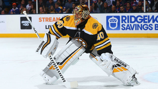 UNIONDALE, NEW YORK - FEBRUARY 29: Tuukka Rask #40 of the Boston Bruins skates against the New York Islanders at NYCB Live's Nassau Coliseum on February 29, 2020 in Uniondale, New York. Boston Bruins defeated the New York Islanders 4-0.