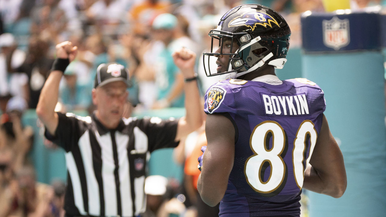 MIAMI GARDENS, FL - SEPTEMBER 08: Baltimore Ravens wide receiver Miles Boykin (80) scores a touchdown during the NFL game between the Baltimore Ravens and the Miami Dolphins at the Hard Rock Stadium in Miami Gardens, Florida on September 8, 2019.