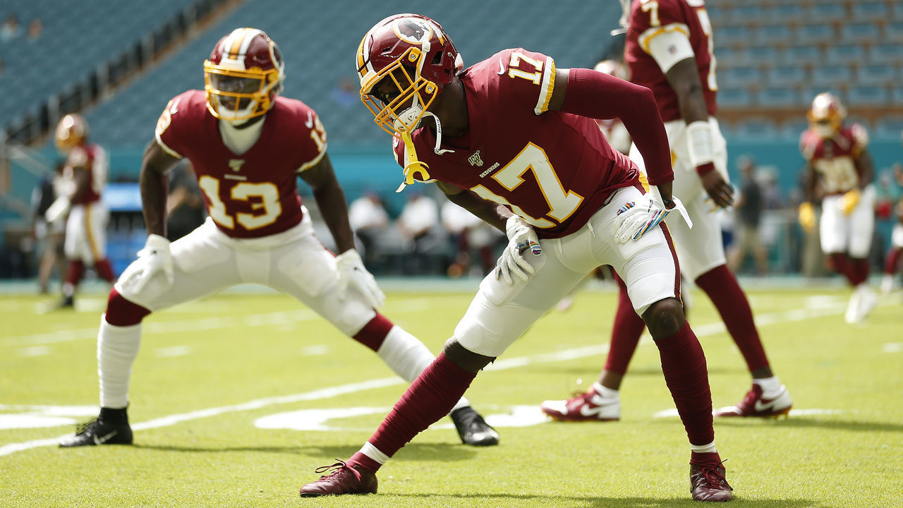 MIAMI, FLORIDA - OCTOBER 13: Terry McLaurin #17 of the Washington Redskins warms up prior to the game against the Miami Dolphins at Hard Rock Stadium on October 13, 2019 in Miami, Florida.
