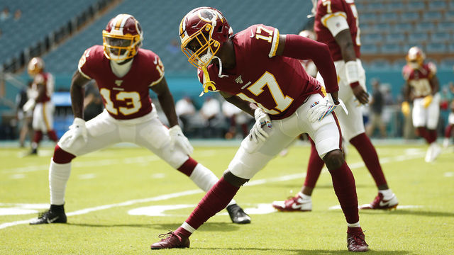 MIAMI, FLORIDA - OCTOBER 13: Terry McLaurin #17 of the Washington Redskins warms up prior to the game against the Miami Dolphins at Hard Rock Stadium on October 13, 2019 in Miami, Florida.