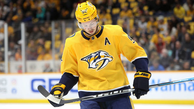 NASHVILLE, TN - FEBRUARY 18: Nashville Predators center Ryan Johansen (92) is shown during the NHL game between the Nashville Predators and Carolina Hurricanes, held on February 18, 2020, at Bridgestone Arena in Nashville, Tennessee.