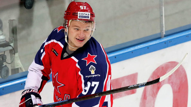 MOSCOW, RUSSIA - JANUARY 26, 2020: HC CSKA Moscow's Kirill Kaprizov celebrates scoring in a 2019/2020 KHL Regular Season ice hockey match against HC Sibir Novosibirsk Region at CSKA Arena. Sergei Savostyanov/TASS