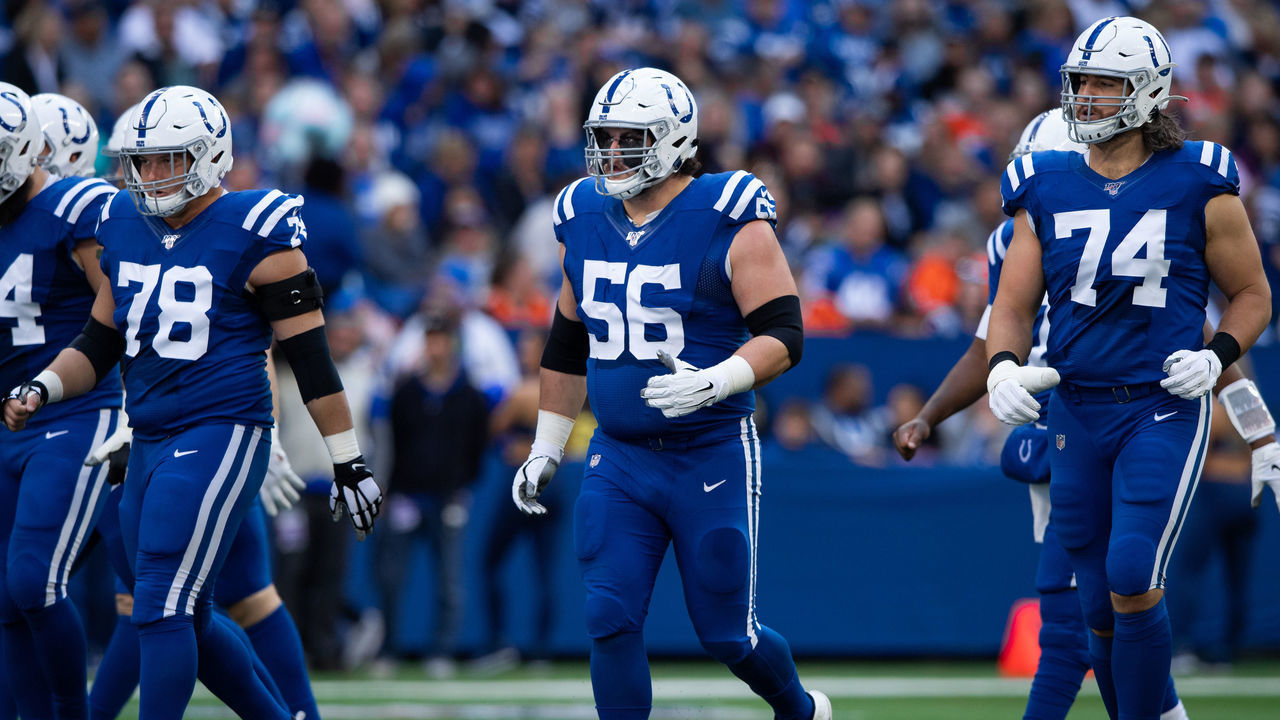 INDIANAPOLIS, IN - OCTOBER 27: Indianapolis Colts guard Quenton Nelson (56) and Indianapolis Colts tackle Anthony Castonzo (74) walk down the field after a penalty during the NFL game between the Denver Broncos and the Indianapolis Colts on October 27, 2019 at Lucas Oil Stadium, in Indianapolis, IN.