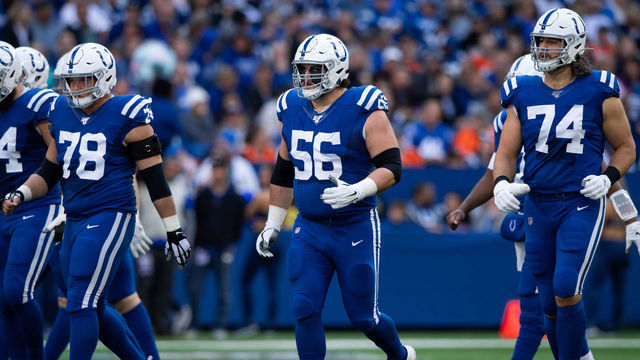 INDIANAPOLIS, IN - OCTOBER 27: Indianapolis Colts guard Quenton Nelson (56) and Indianapolis Colts tackle Anthony Castonzo (74) walk down the field after a penalty during the NFL game between the Denver Broncos and the Indianapolis Colts on October 27, 2019 at Lucas Oil Stadium, in Indianapolis, IN.
