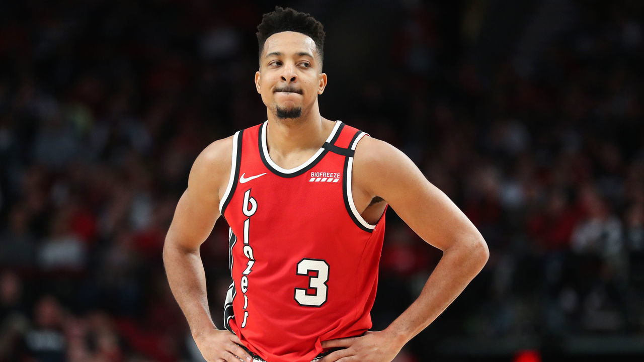 PORTLAND, OREGON - FEBRUARY 23: CJ McCollum #3 of the Portland Trail Blazers reacts in the third quarter against the Detroit Pistons during their game at Moda Center on February 23, 2020 in Portland, Oregon.