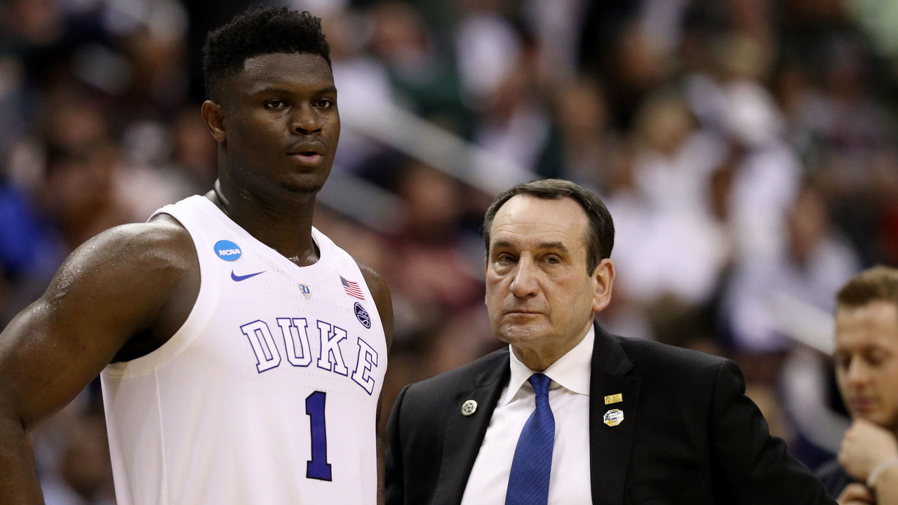 WASHINGTON, DC - MARCH 29: Zion Williamson #1 and head coach Mike Krzyzewski of the Duke Blue Devils talk against the Virginia Tech Hokies during the first half in the East Regional game of the 2019 NCAA Men's Basketball Tournament at Capital One Arena on March 29, 2019 in Washington, DC.