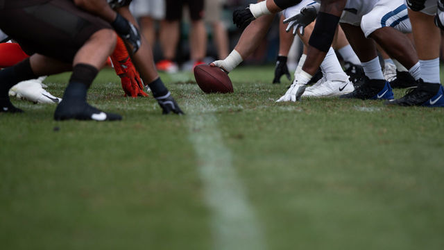 WESTFIELD, IN - AUGUST 15: The Indianapolis Colts start a drill during the Indianapolis Colts and Cleveland Browns joint training camp practice on August 15, 2019 at the Grand Park Sports Campus in Westfield, IN.