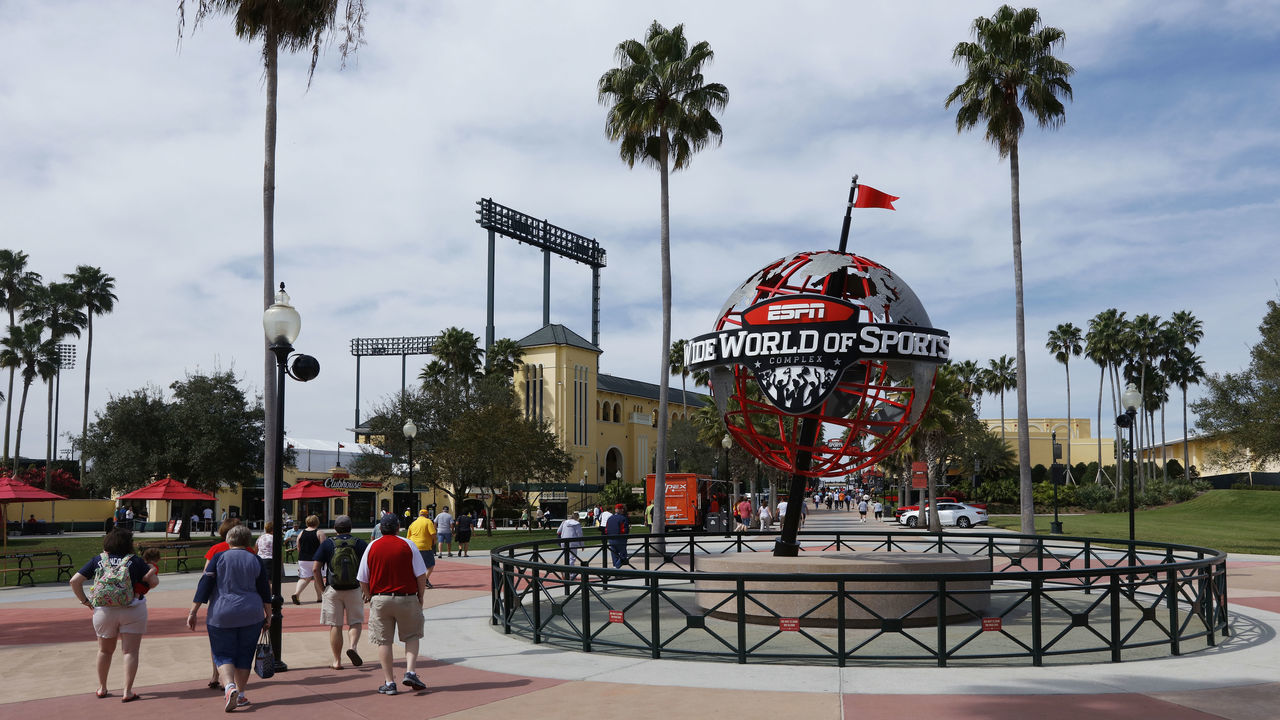 LAKE BUENA VISTA, FL - MARCH 5: General view of the exterior of the ballpark as fans make their way into the ESPN Wide World of Sports Complex prior to a spring training game between the Pittsburgh Pirates and Atlanta Braves at Champion Stadium on March 5, 2016 in Lake Buena Vista, Florida. The Pirates defeated the Braves 9-6.
